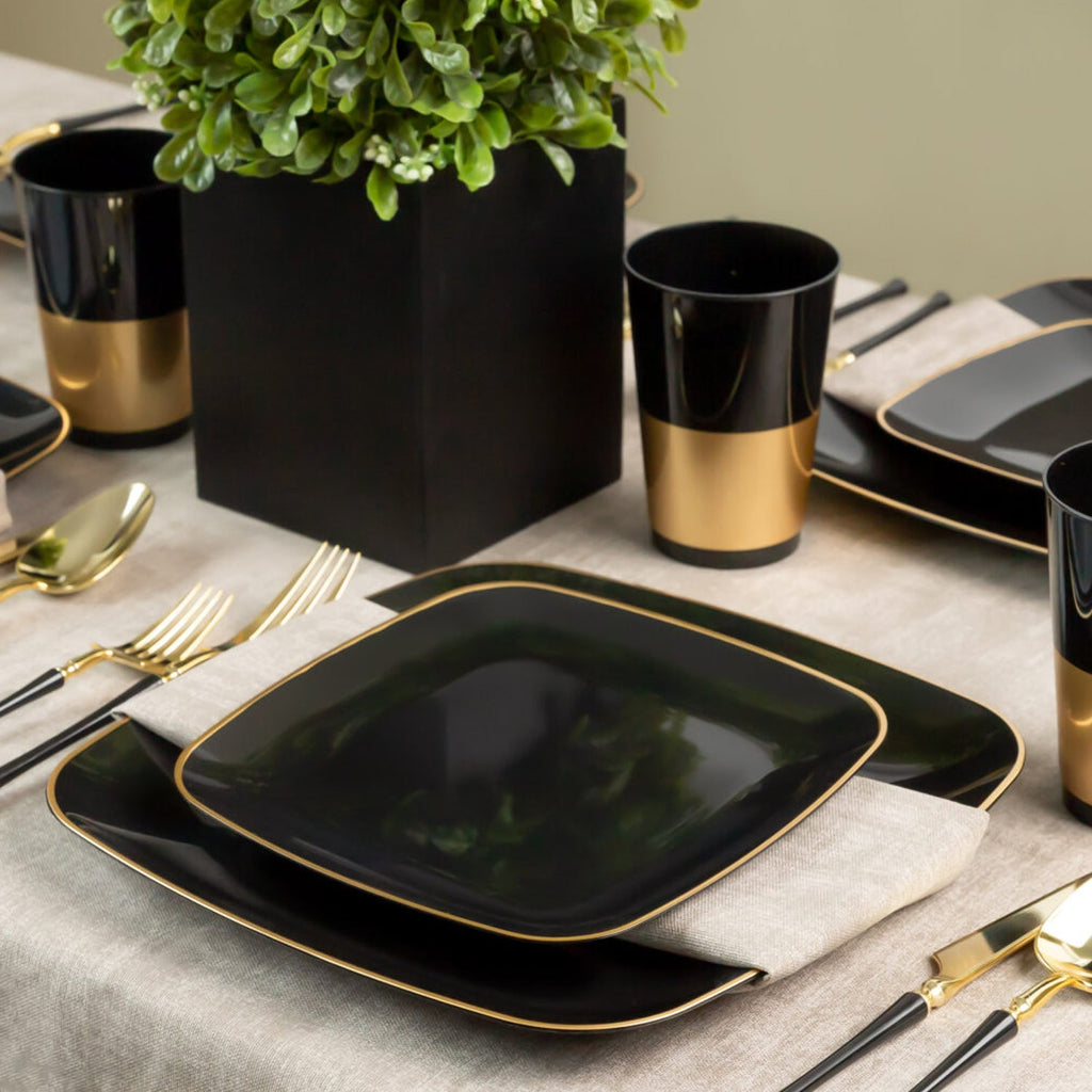 Black with Gold Rim Plastic Dinnerware Set- Value Pack-Orchid