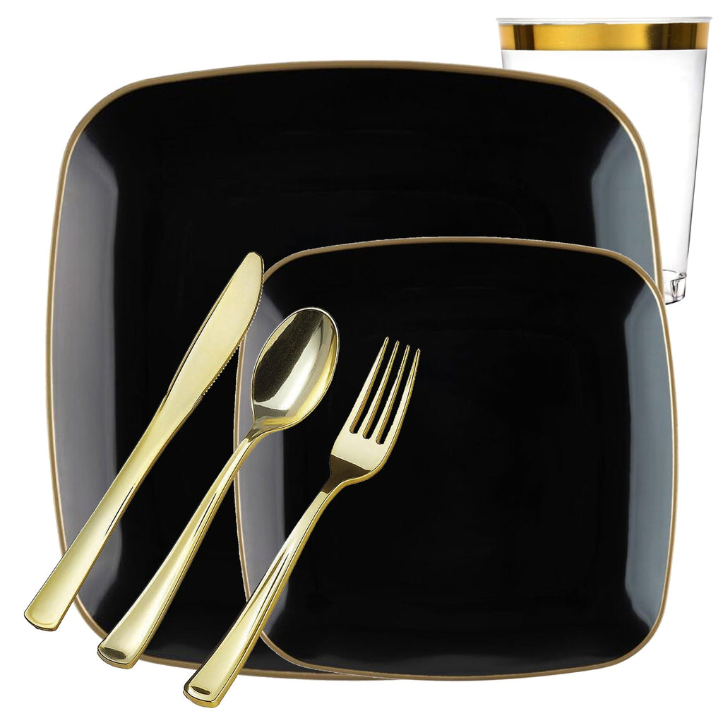 Black with Gold Rim Plastic Dinnerware Set- Value Pack-Orchid Disposable Tableware Blue Sky 20 Guest Servings