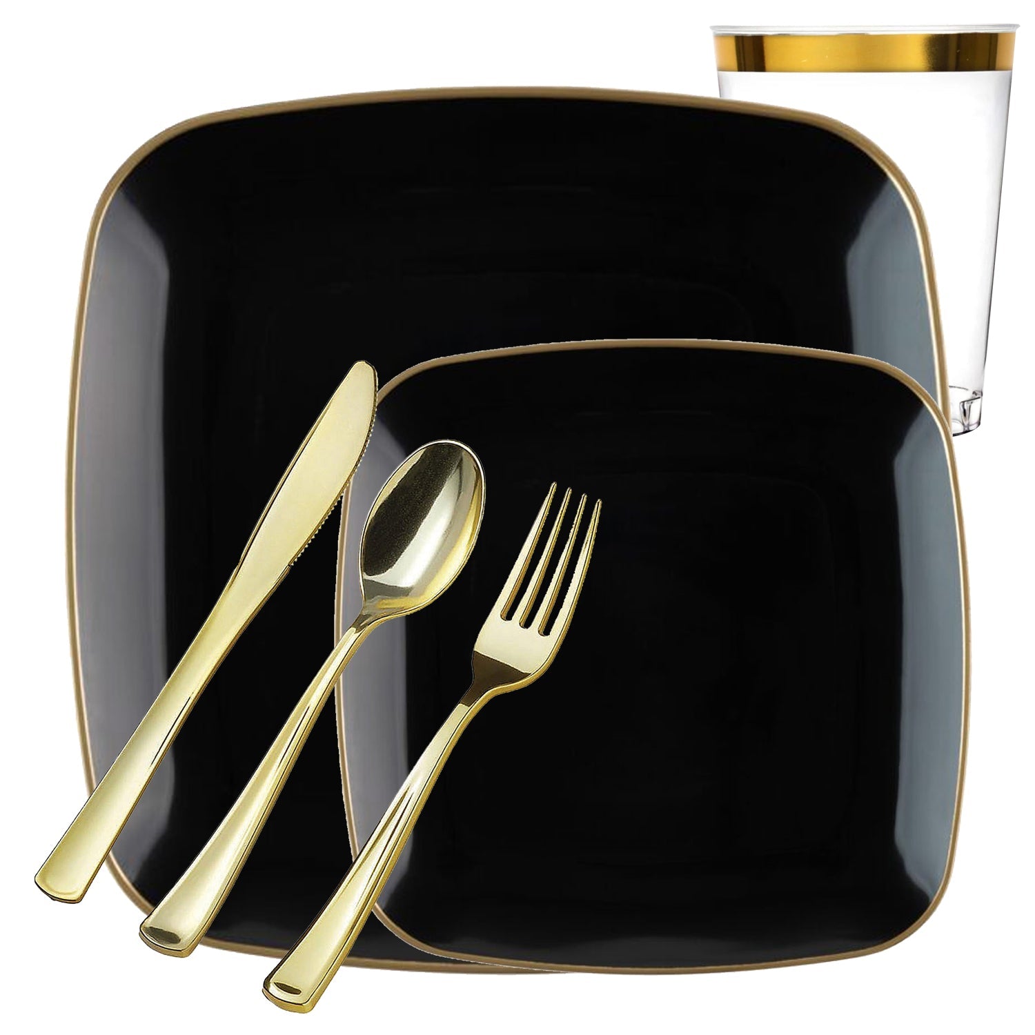 Black with Gold Rim Plastic Dinnerware Set- Value Pack-Orchid Disposable Tableware Blue Sky 20 Guest Servings