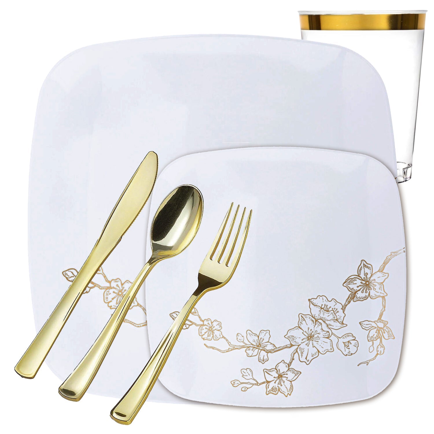 *BUY BULK* Gold Buds White & Gold Rim Plastic Dinner Plate Combo Set Disposable Plates Blue Sky 20