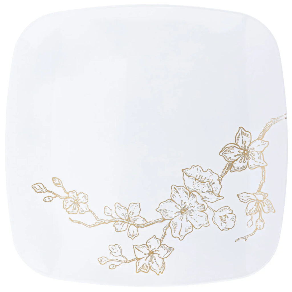 Gold Buds 10" White & Gold Square Plastic Disposable  Dinner Plate
