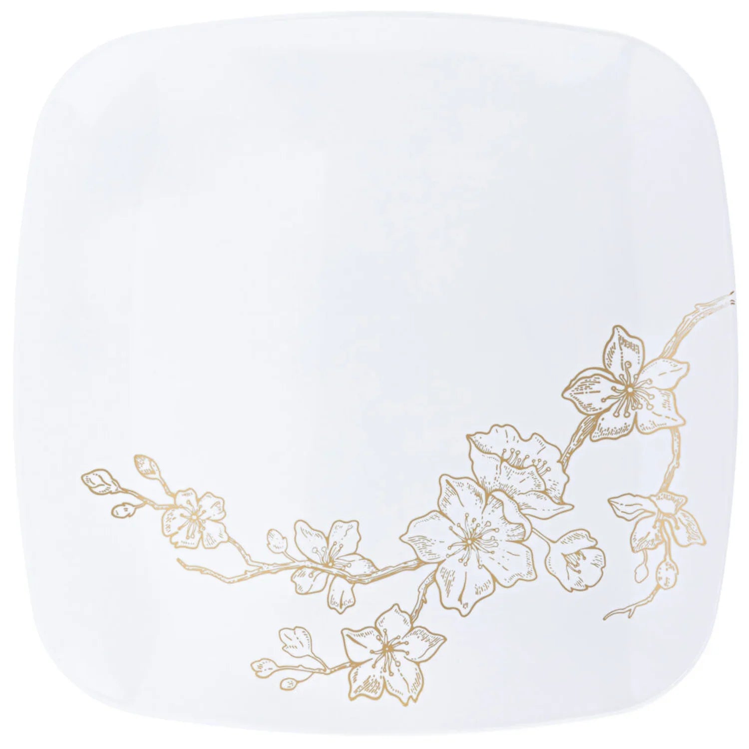 Gold Buds 10" White & Gold Square Plastic Disposable  Dinner Plate