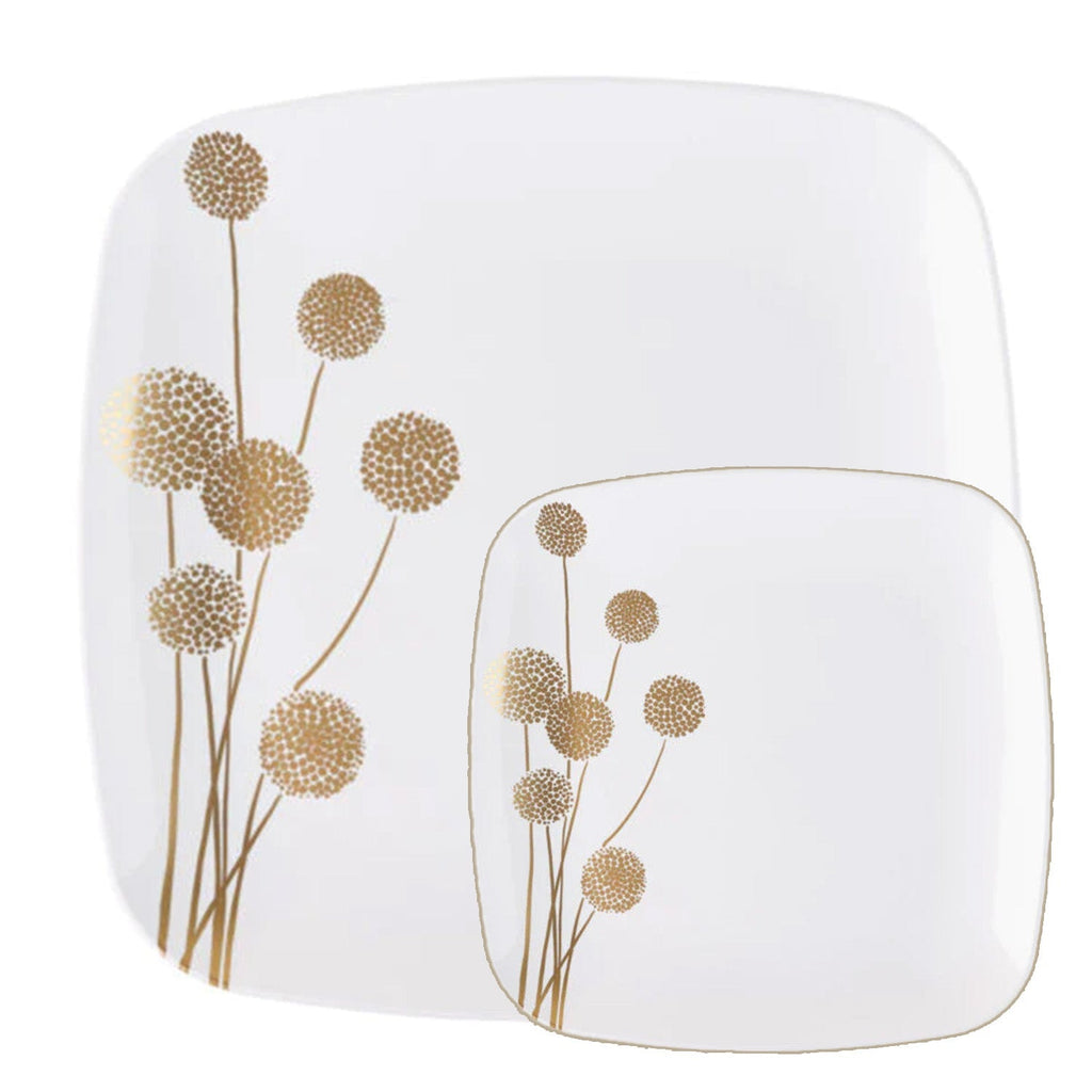 Dandelion 10" White & Gold Square Disposable Plastic Dinner Plate 10 Pack