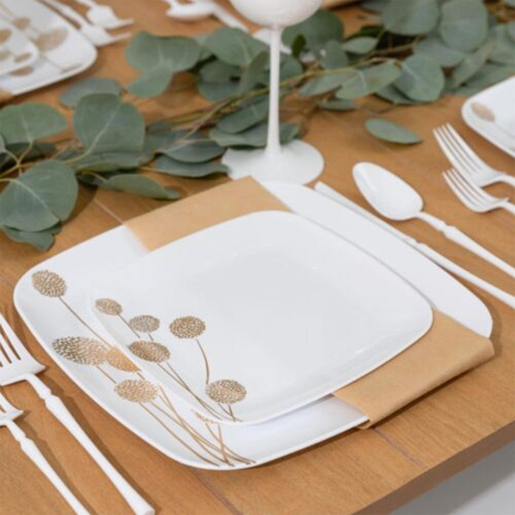 Dandelion 10" White & Gold Square Disposable Plastic Dinner Plate 10 Pack