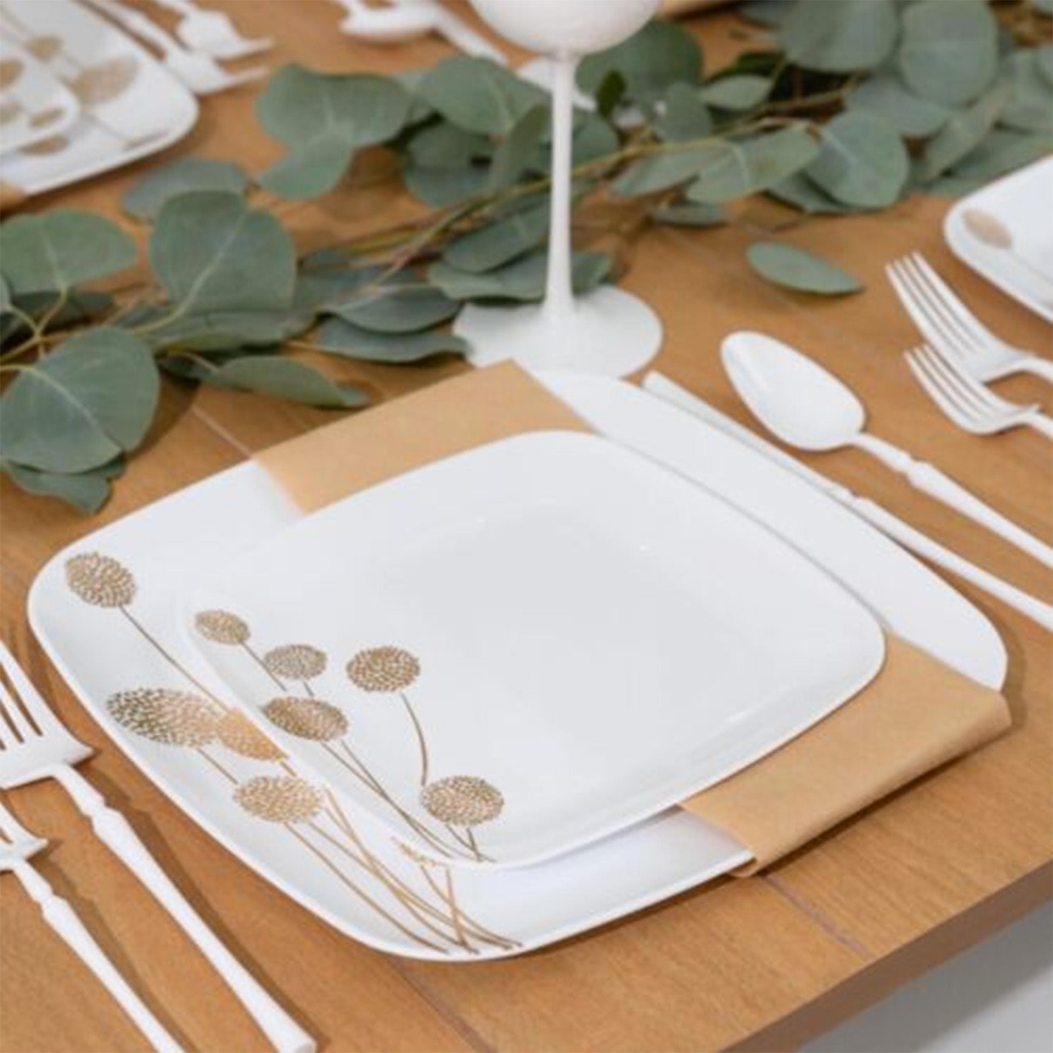 Dandelion 10" White & Gold Square Disposable Plastic Dinner Plate 10 Pack