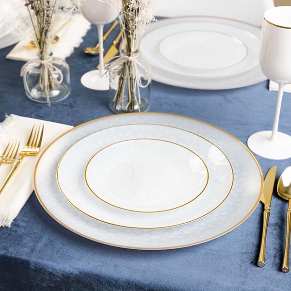 Organic 10" White with Gold Rim Plastic Disposable Dinner Plate