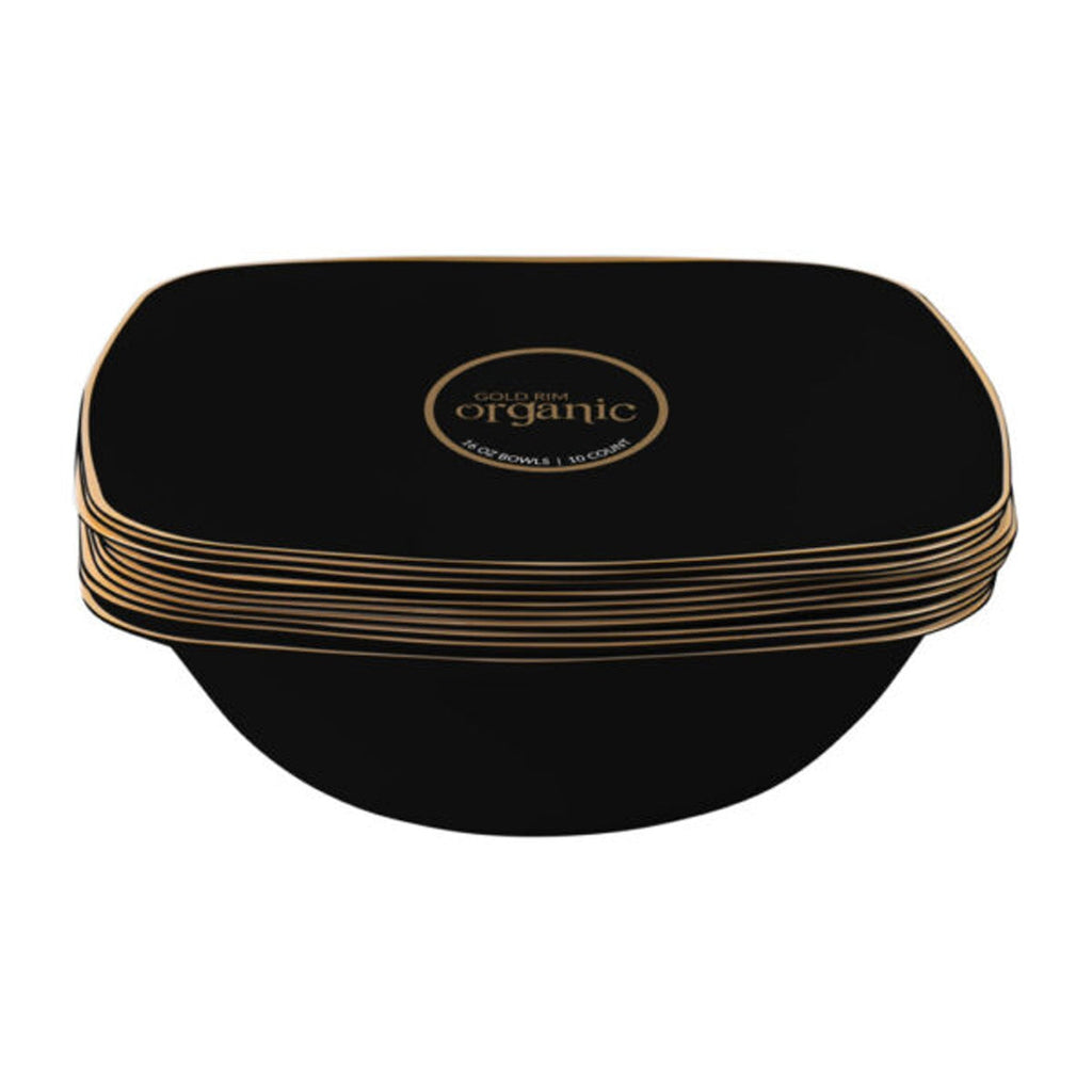 Organic 16oz Square Gold Rim Plastic Disposable Black Bowls