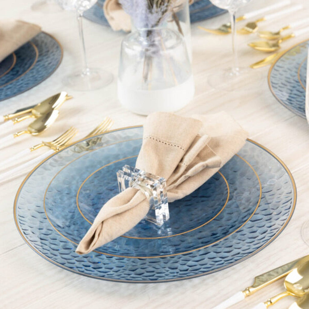 Organic Hammered 10" Blue with Gold Rim Plastic Disposable Dinner Plate