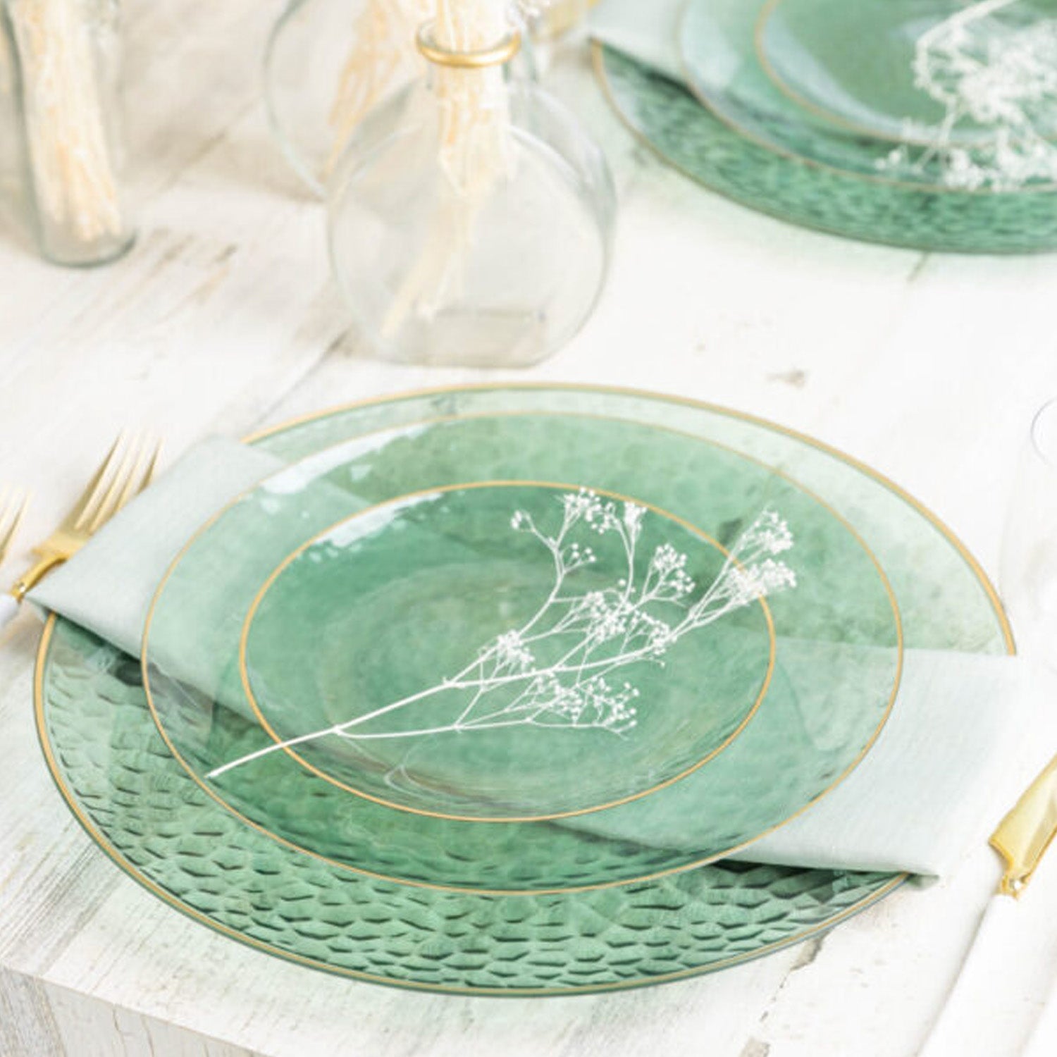 Organic Hammered 7" Green with Gold Rim  Plastic Disposable Dessert Plate