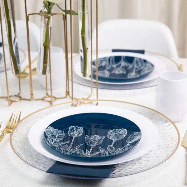 10.25"&7.5" Navy & White Round Disposable Plastic Plates COMBO Set-Tulip