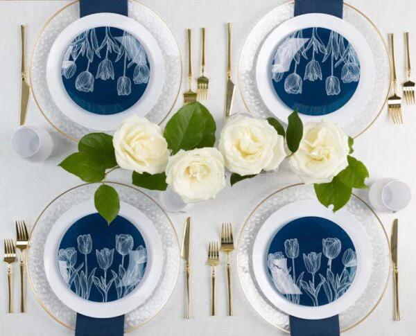 10.25"&7.5" Navy & White Round Disposable Plastic Plates COMBO Set-Tulip