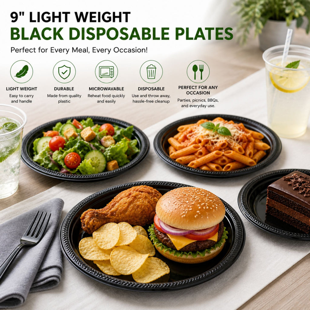 *BUY BULK* 9" Light Weight Black Disposable Plastic Plates