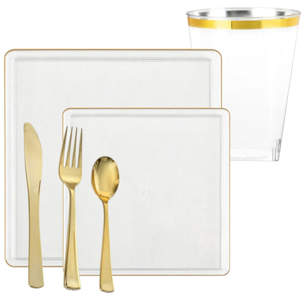 Square Clear & Gold Rim Plastic Dinnerware Set Value Pack-Edge