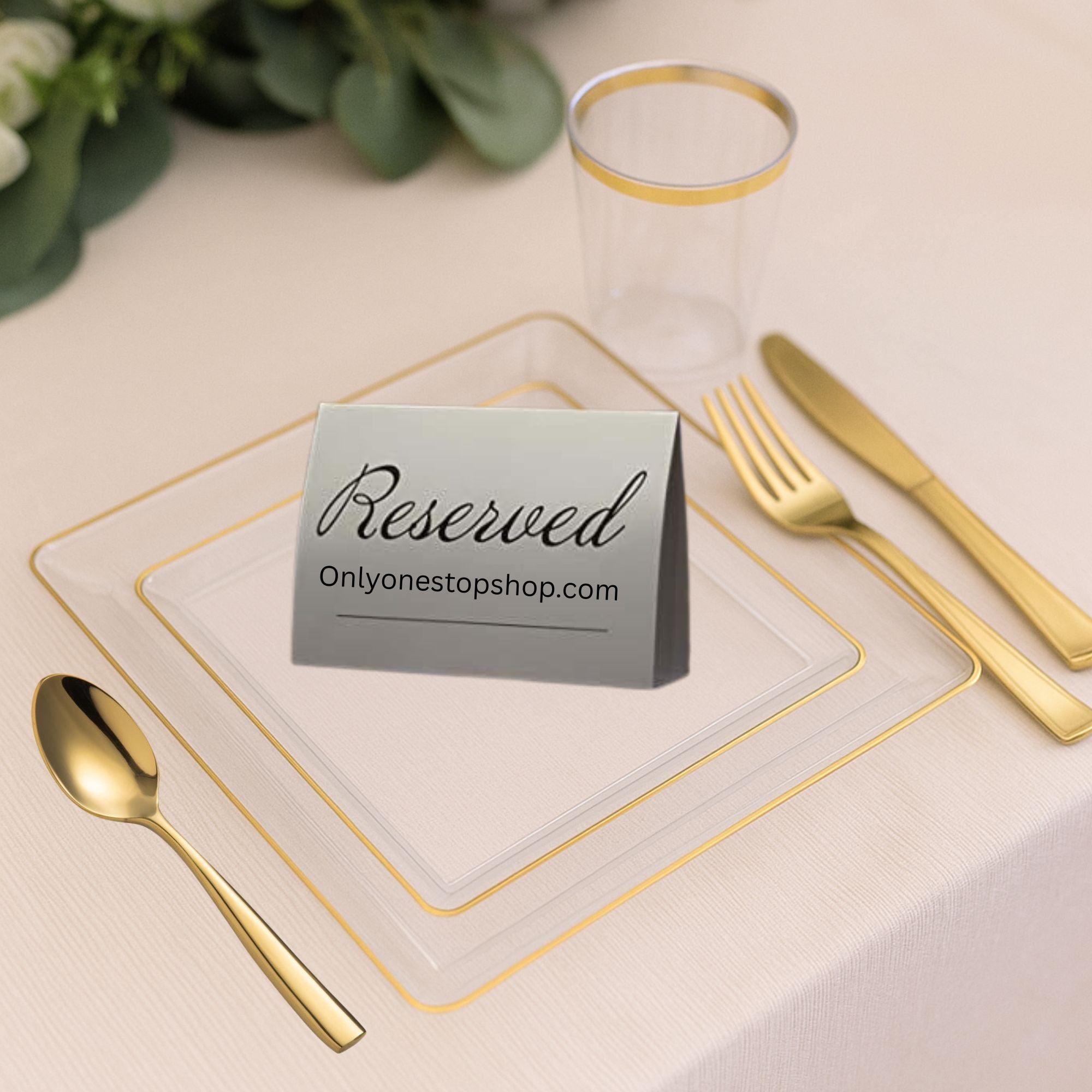 Square Clear & Gold Rim Plastic Dinnerware Set Value Pack-Edge