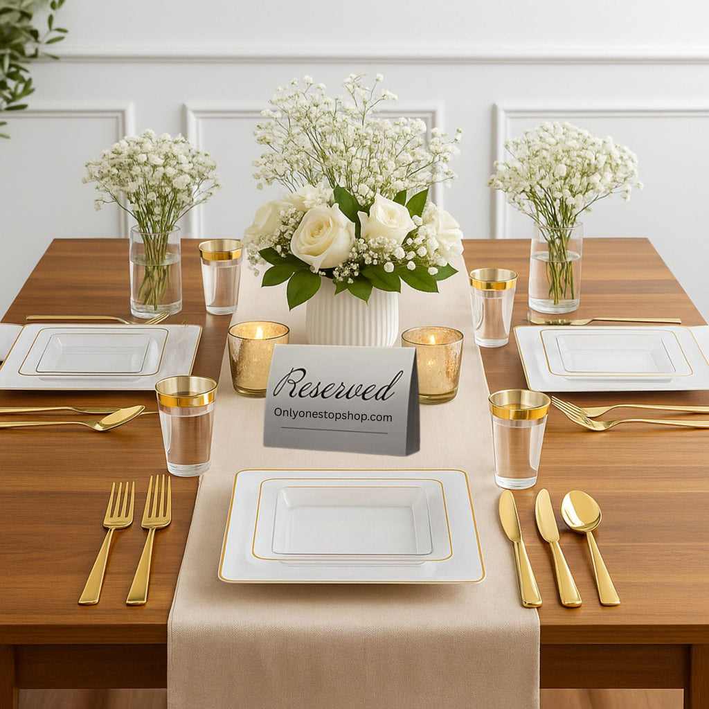 10.75"&7.75" Square White With Gold Rim Plastic Plates COMBO Set-Edge