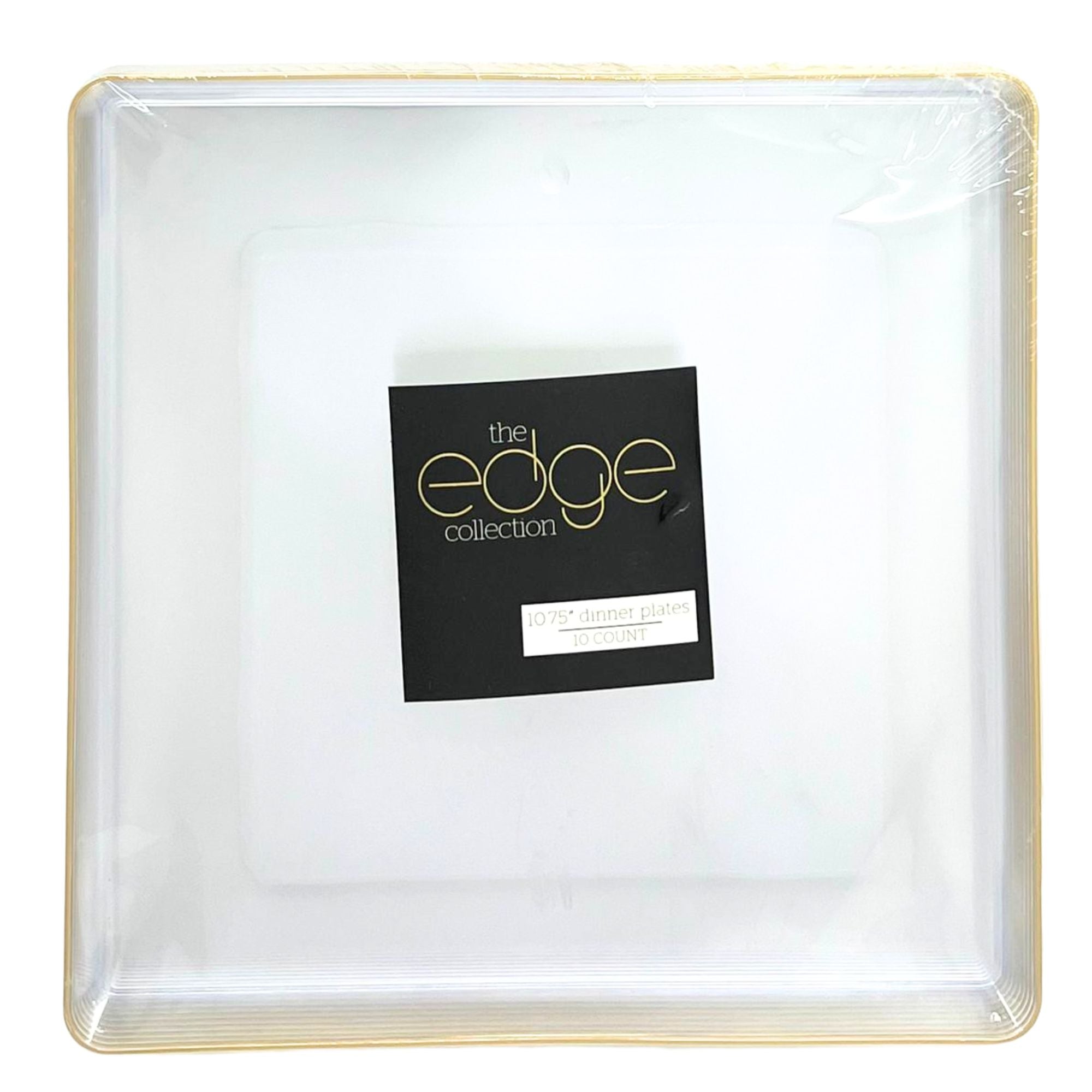 Edge 10.75" Clear with Gold Rim Square Plastic Dinner Plates