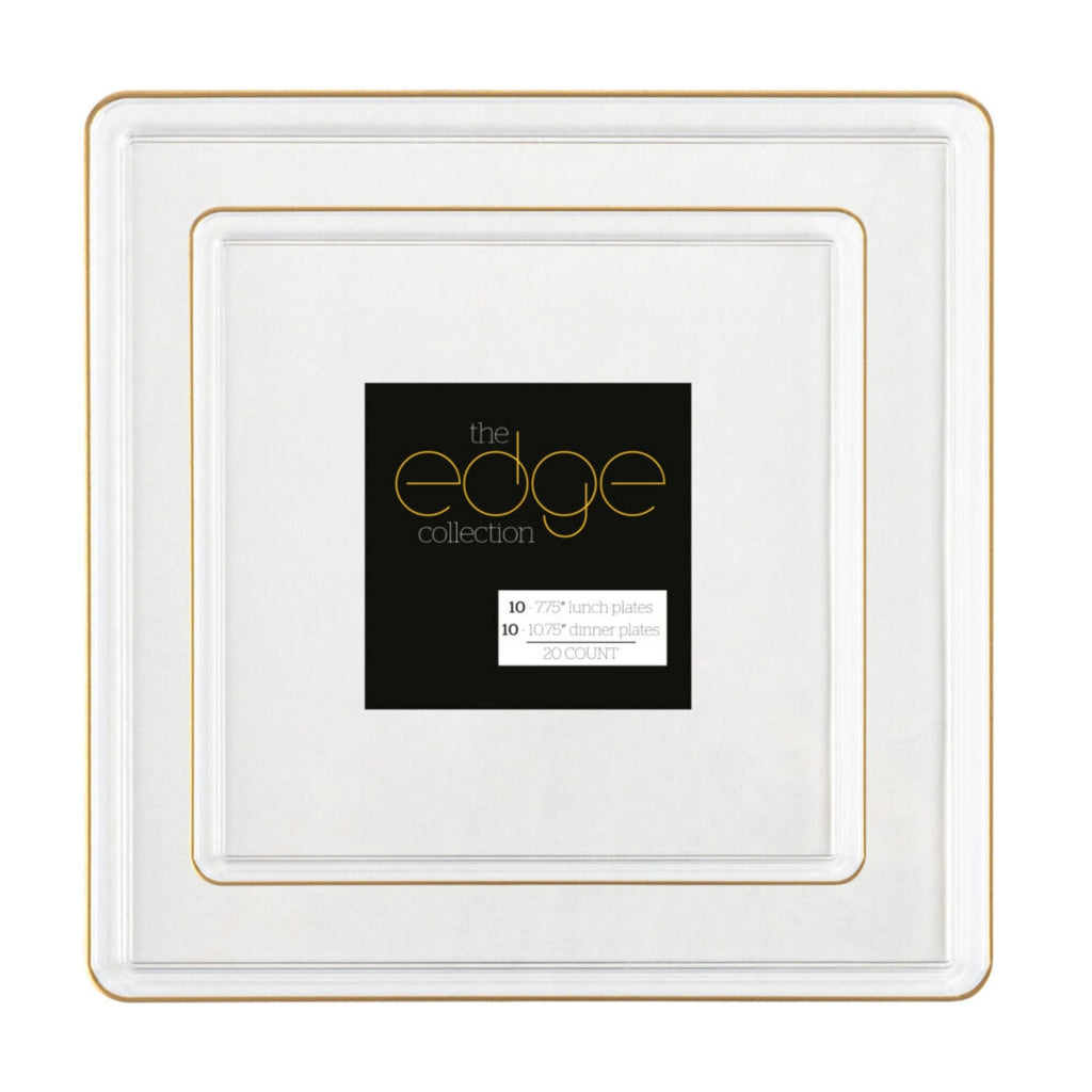 10.75"&7.75" Square Clear With Gold Rim Plastic Plates COMBO Set-Edge