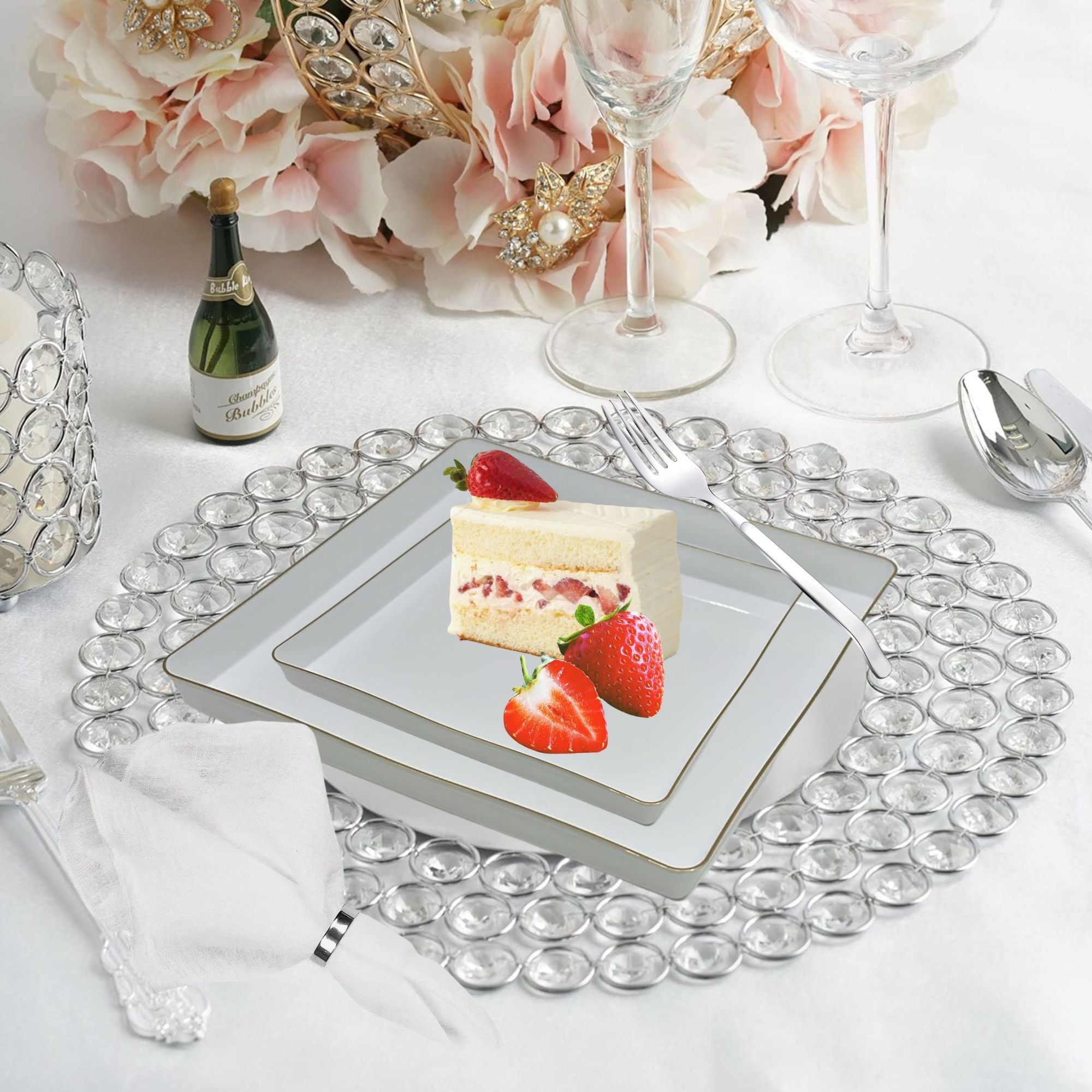Edge 10.75" Transparent White with Gold Rim Square Plastic Dinner Plates