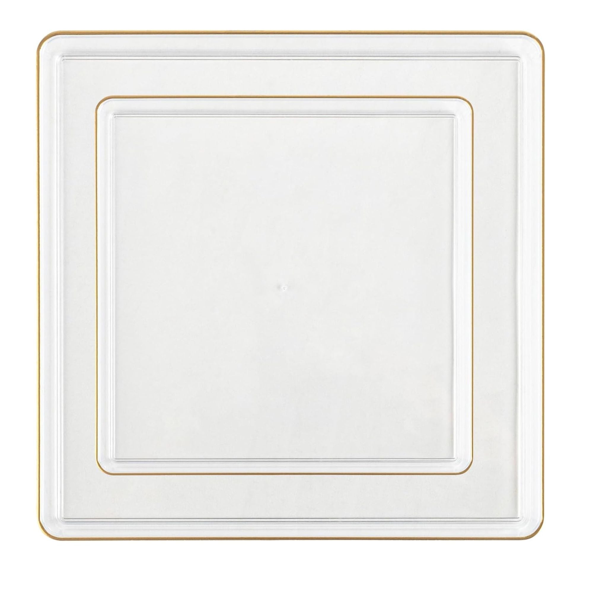 Edge 10.75" Transparent White with Gold Rim Square Plastic Dinner Plates