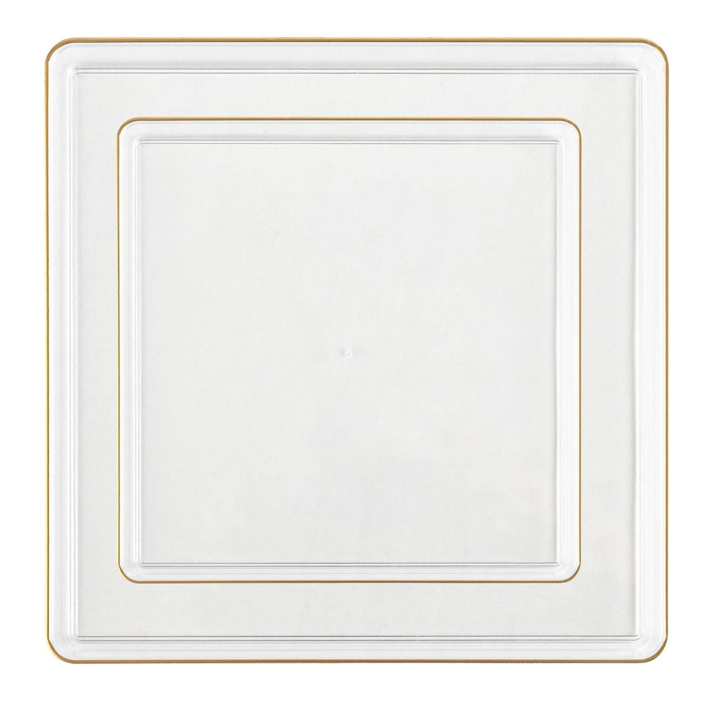 Edge 7.75" Transparent White with Gold Rim Square Dessert Plastic Plates
