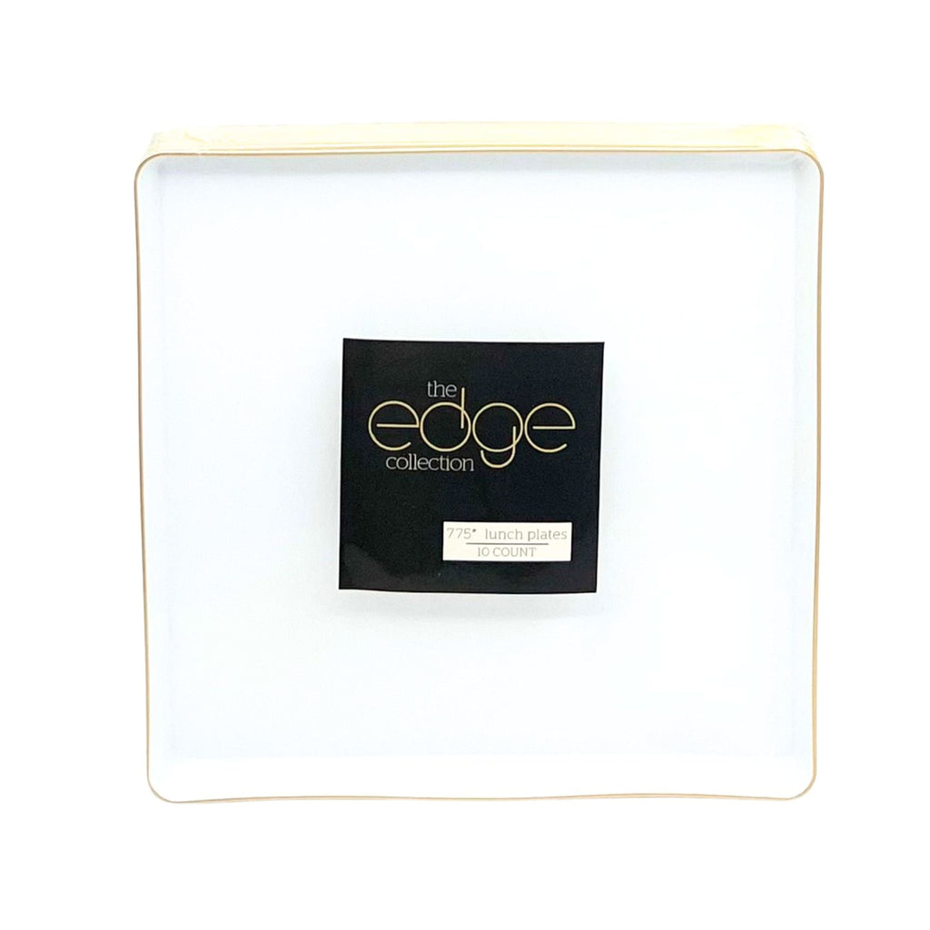 Edge 7.75" Transparent White with Gold Rim Square Dessert Plastic Plates