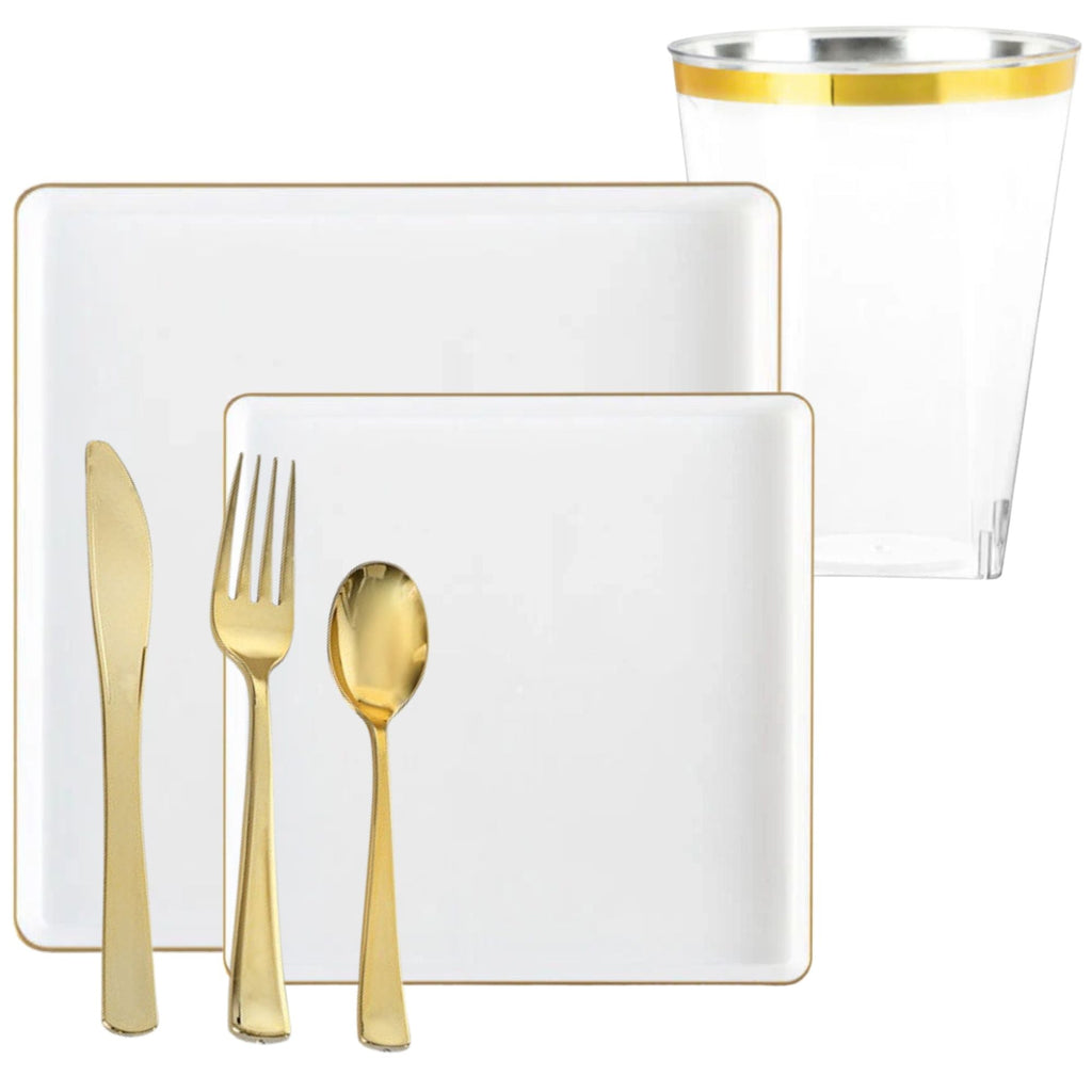 Square White & Gold Rim Plastic Dinnerware Set Value Pack-Edge