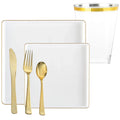 Square White & Gold Rim Plastic Dinnerware Set Value Pack-Edge