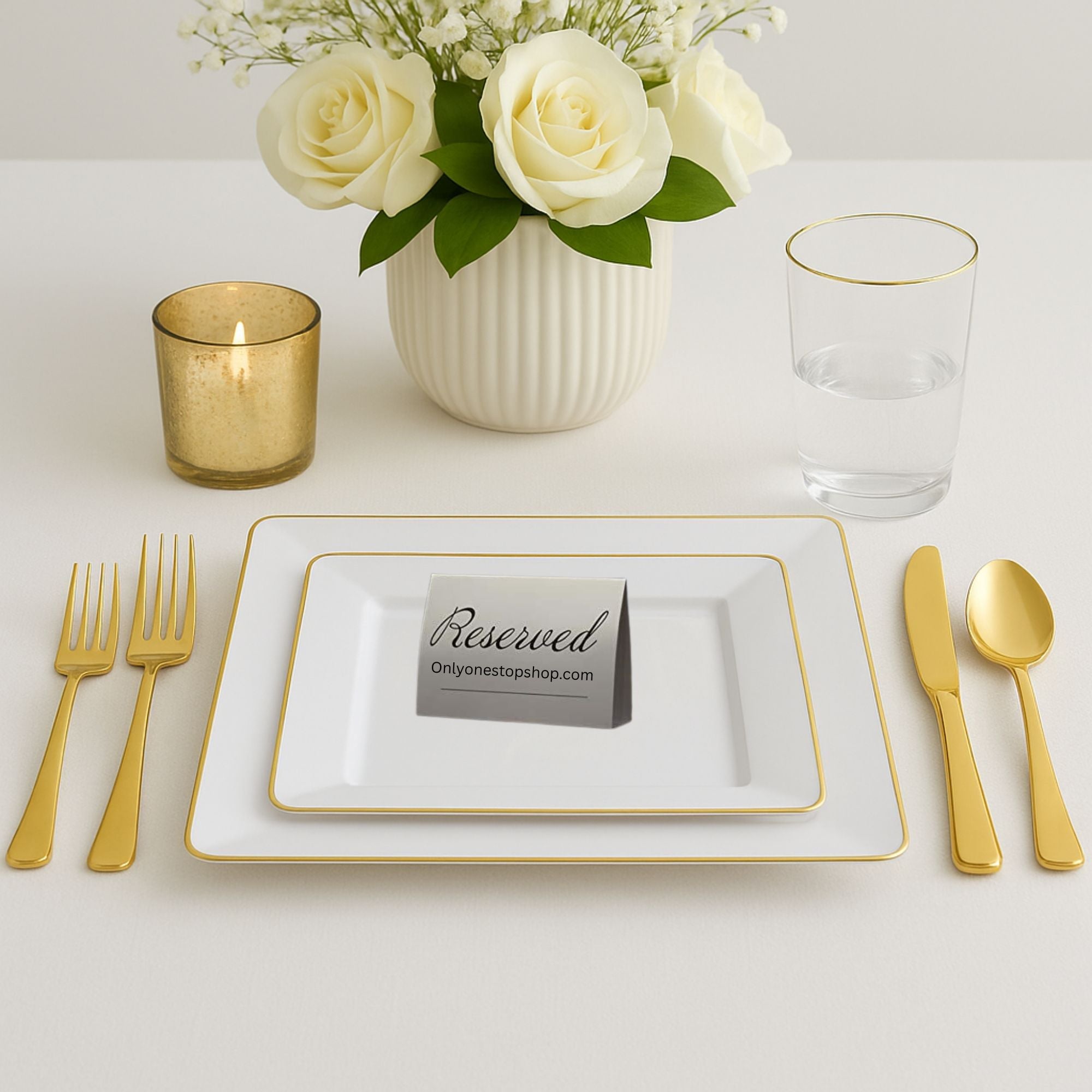 Edge 7.75" Transparent White with Gold Rim Square Dessert Plastic Plates