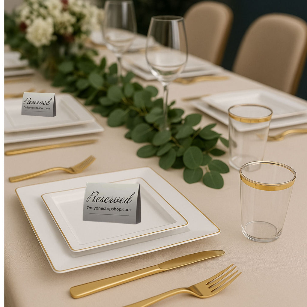Edge 10.75" Transparent White with Gold Rim Square Plastic Dinner Plates