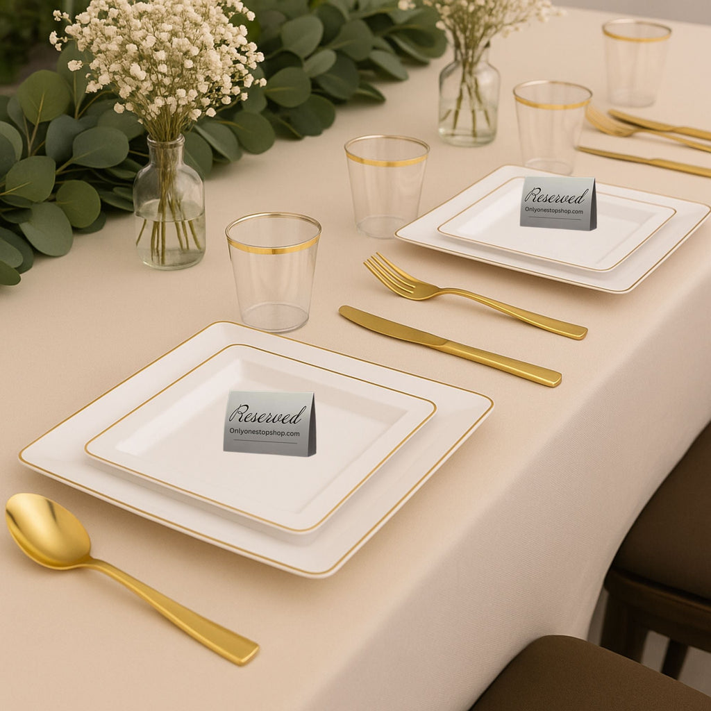 Edge 10.75" Transparent White with Gold Rim Square Plastic Dinner Plates