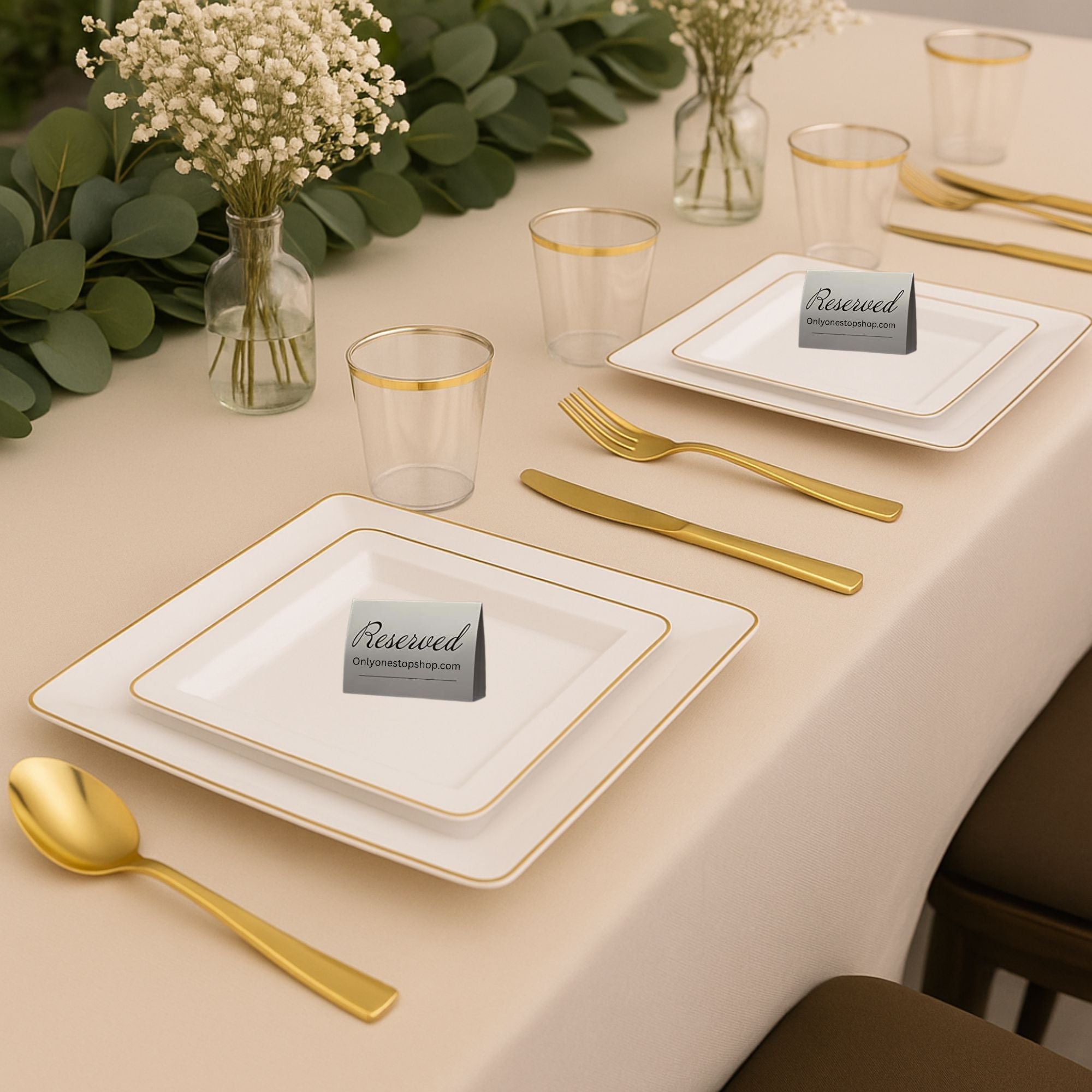 10.75"&7.75" Square White With Gold Rim Plastic Plates COMBO Set-Edge