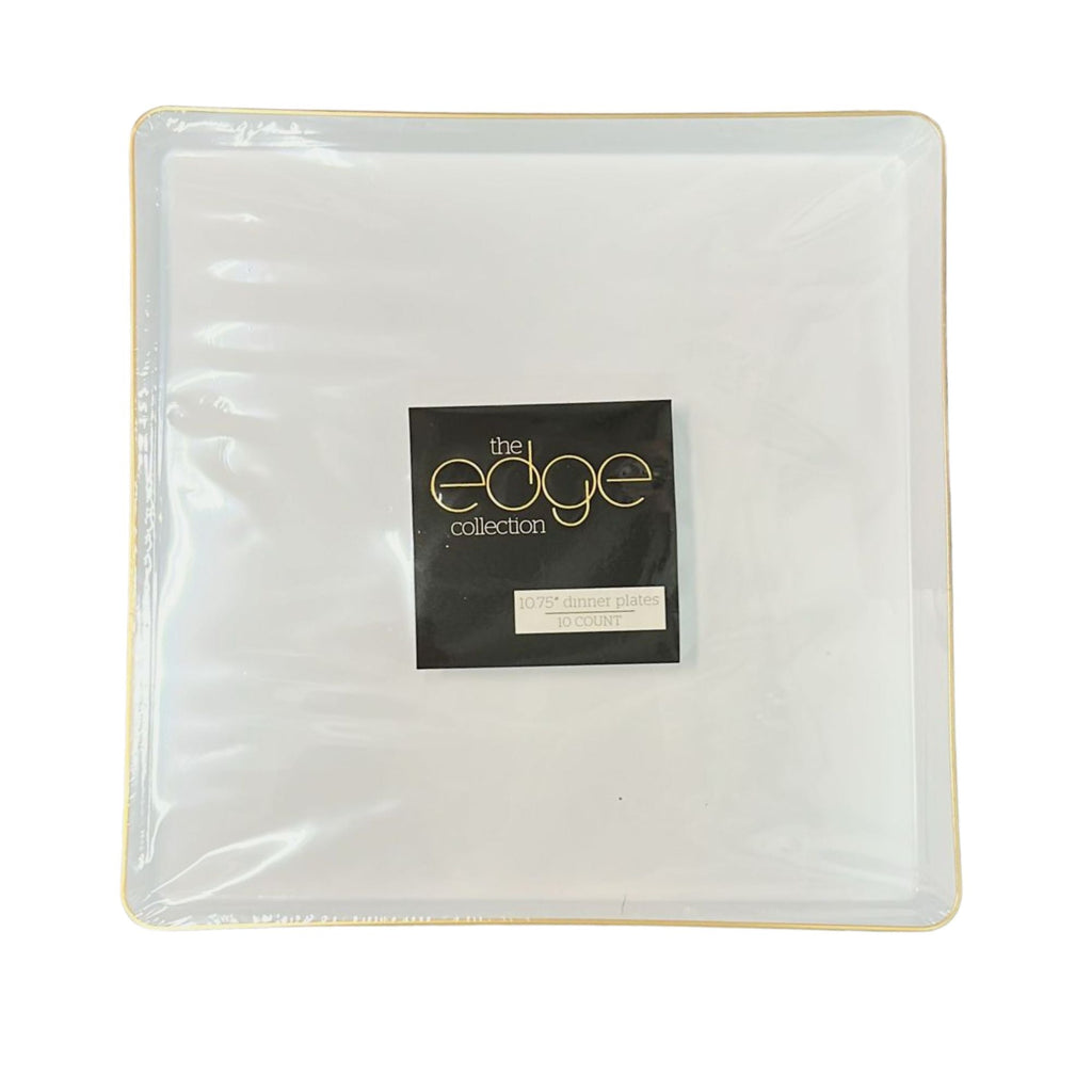 Edge 10.75" Transparent White with Gold Rim Square Plastic Dinner Plates