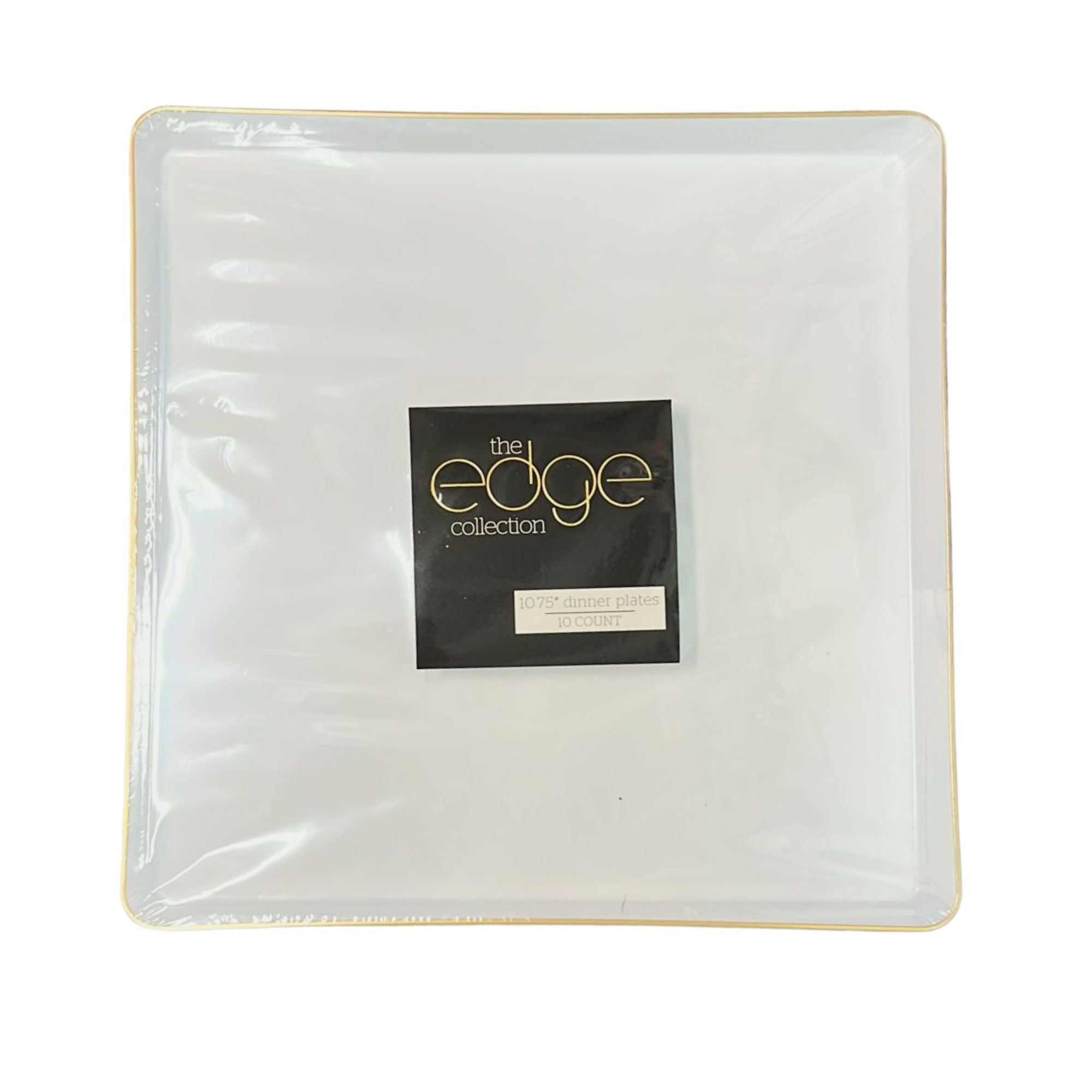 Edge 10.75" Transparent White with Gold Rim Square Plastic Dinner Plates