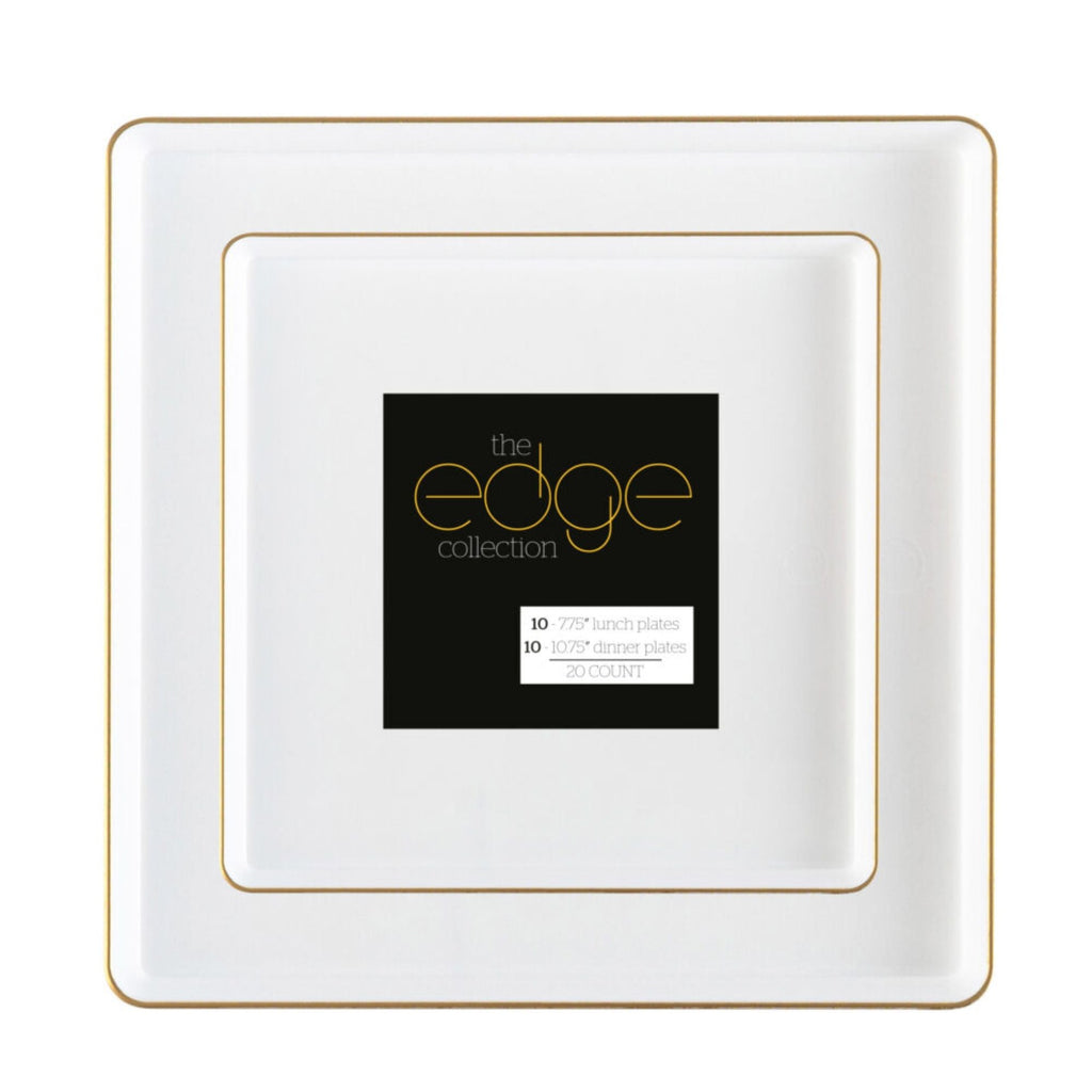 10.75"&7.75" Square White With Gold Rim Plastic Plates COMBO Set-Edge