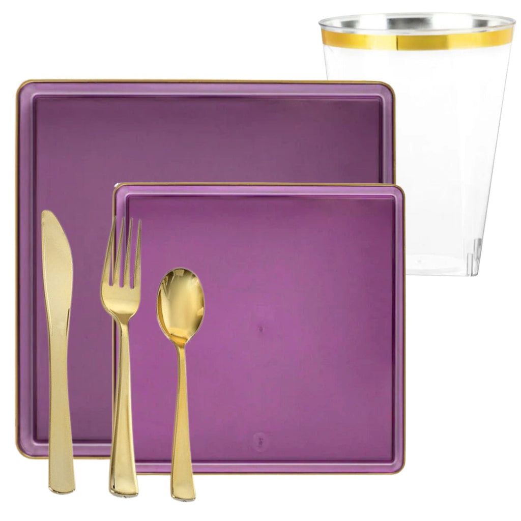 Square Purple & Gold Rim Plastic Dinnerware Set Value Pack-Edge
