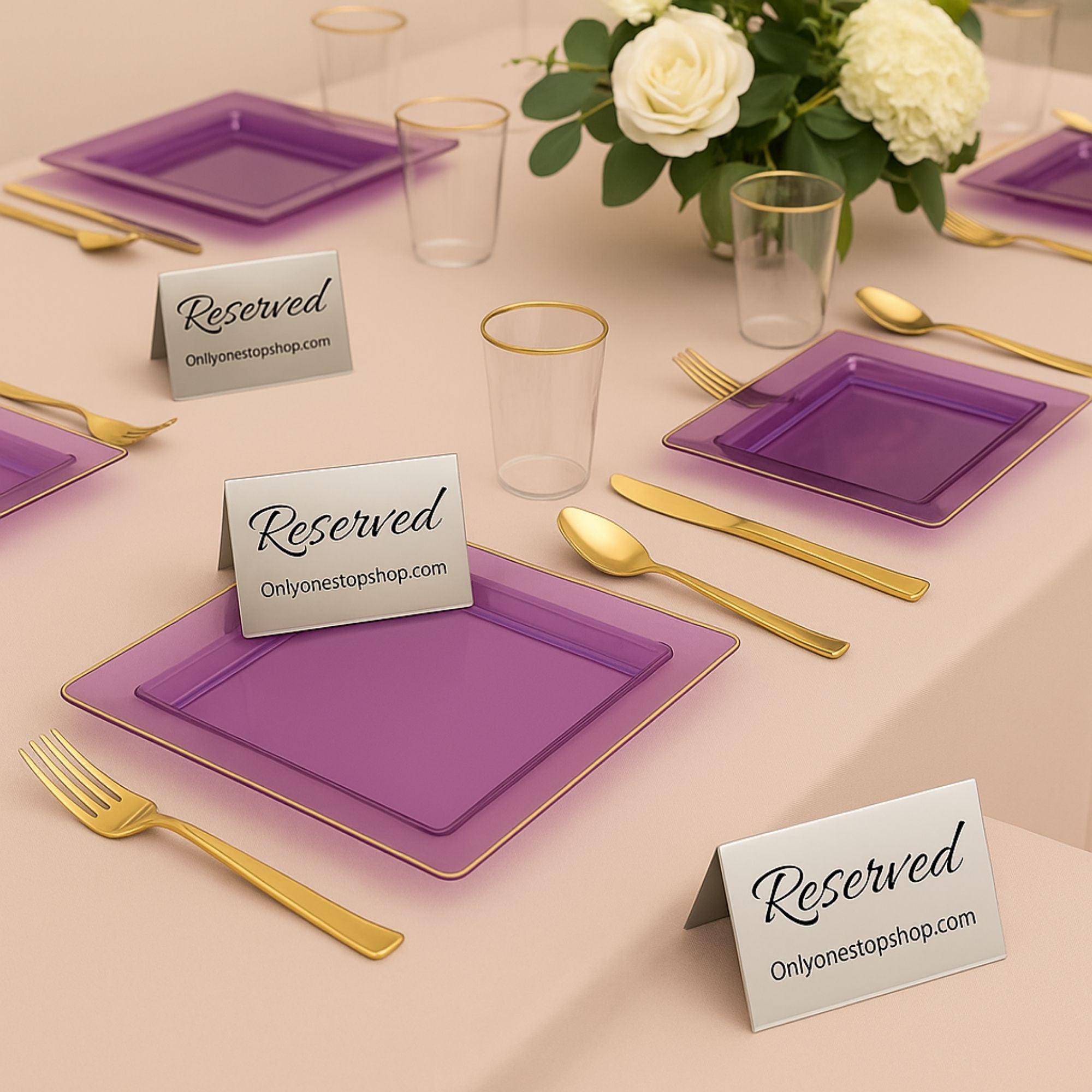 10.75"&7.75" Square Purple With Gold Rim Plastic Plates COMBO Set-Edge