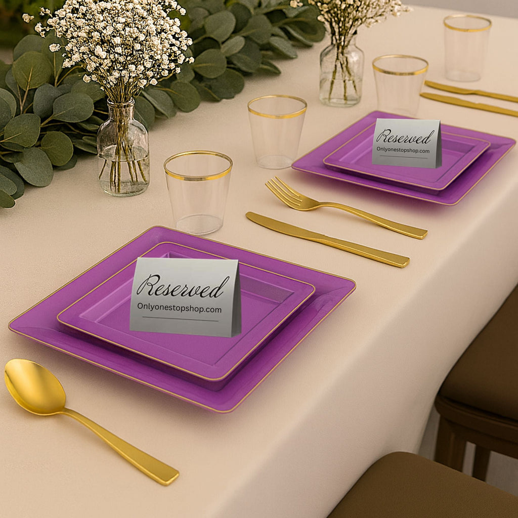 Square Purple & Gold Rim Plastic Dinnerware Set Value Pack-Edge