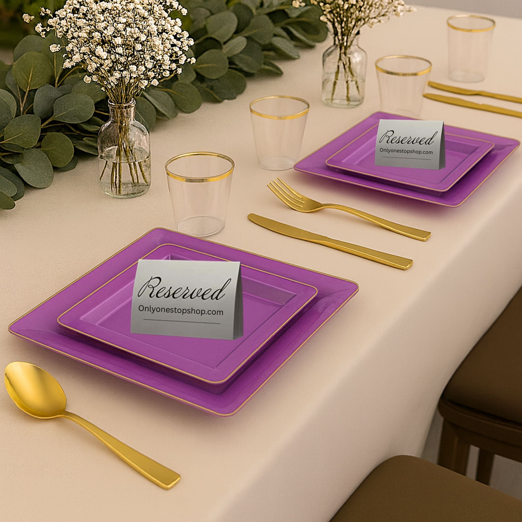 Edge 7.75" Transparent Purple with Gold Rim Square Dessert Plastic Plates