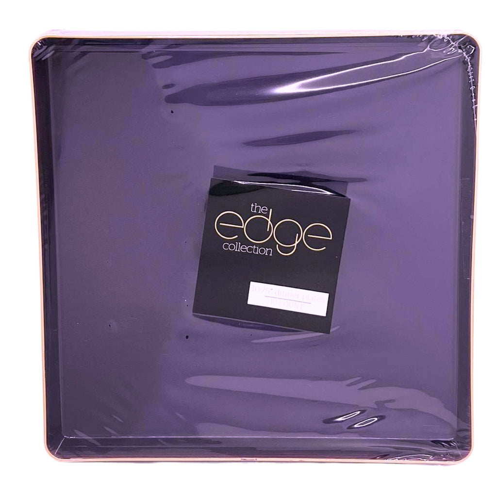 Edge 10.75" Transparent Purple with Gold Rim Square Plastic Dinner Plates