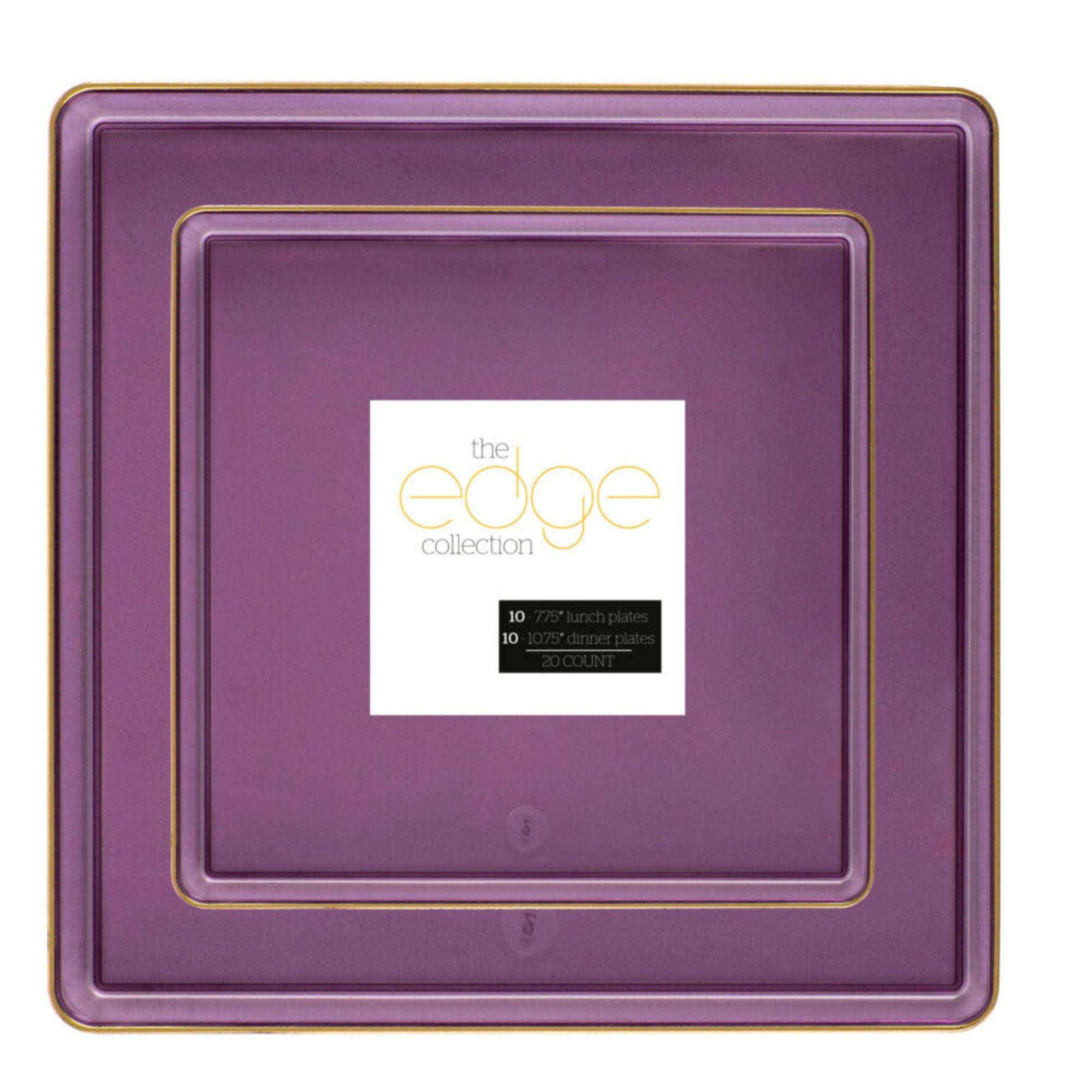 10.75"&7.75" Square Purple With Gold Rim Plastic Plates COMBO Set-Edge