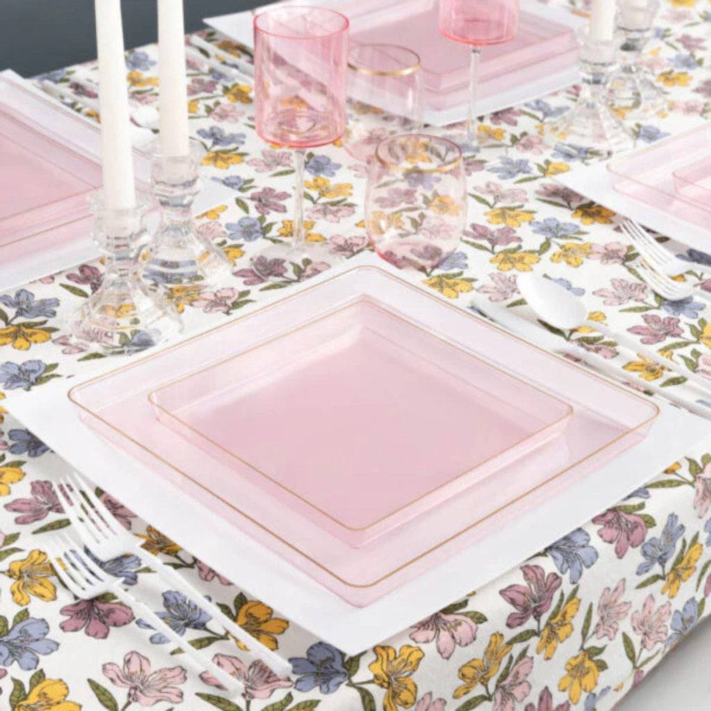 Edge 10.75" Transparent  Pink with Gold Rim Square Plastic Dinner Plates