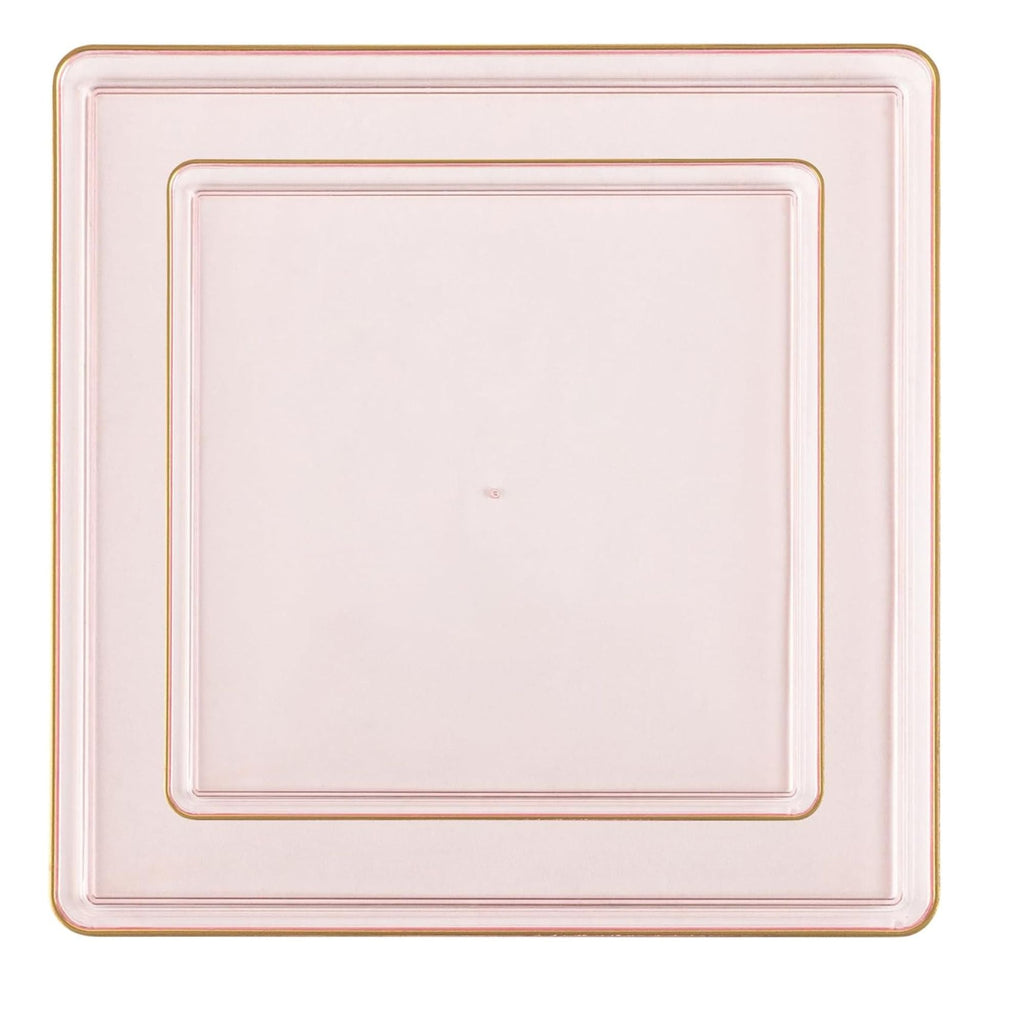 Edge 7.75" Transparent  Pink with Gold Rim Square Dessert Plastic Plates