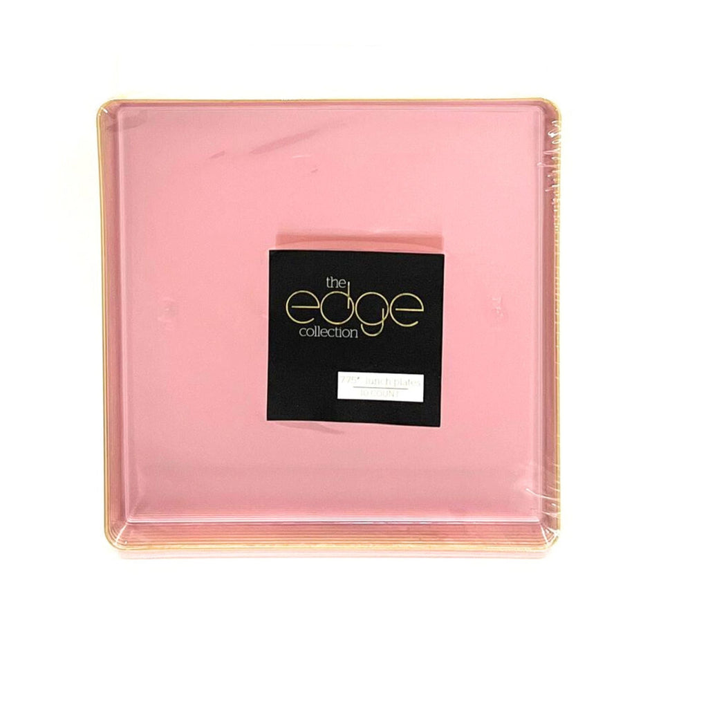 Edge 7.75" Transparent  Pink with Gold Rim Square Dessert Plastic Plates