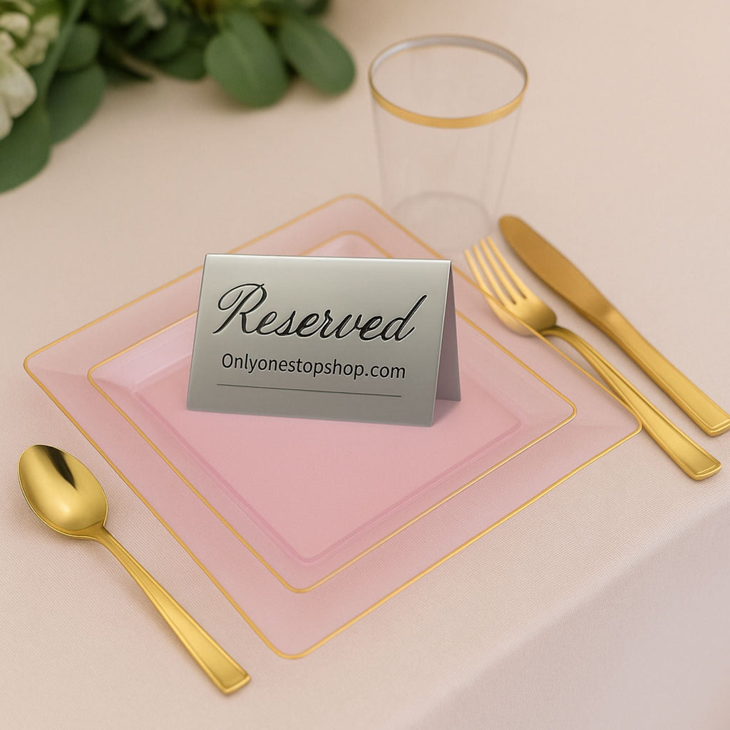 Square Pink & Gold Rim Plastic Dinnerware Set Value Pack-Edge