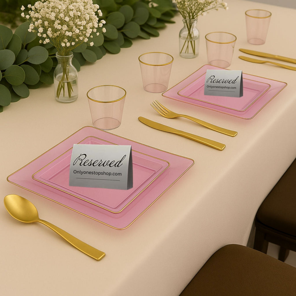 Edge 10.75" Transparent  Pink with Gold Rim Square Plastic Dinner Plates