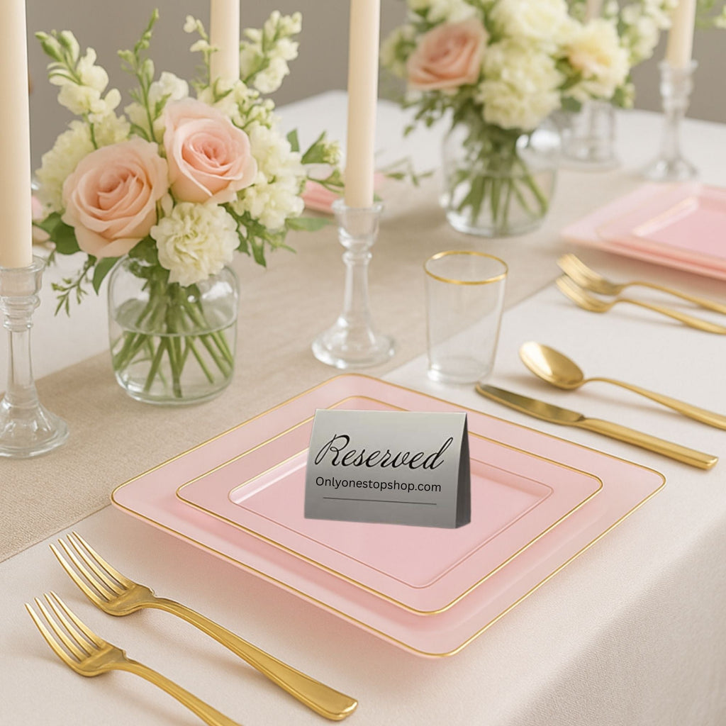Edge 10.75" Transparent  Pink with Gold Rim Square Plastic Dinner Plates