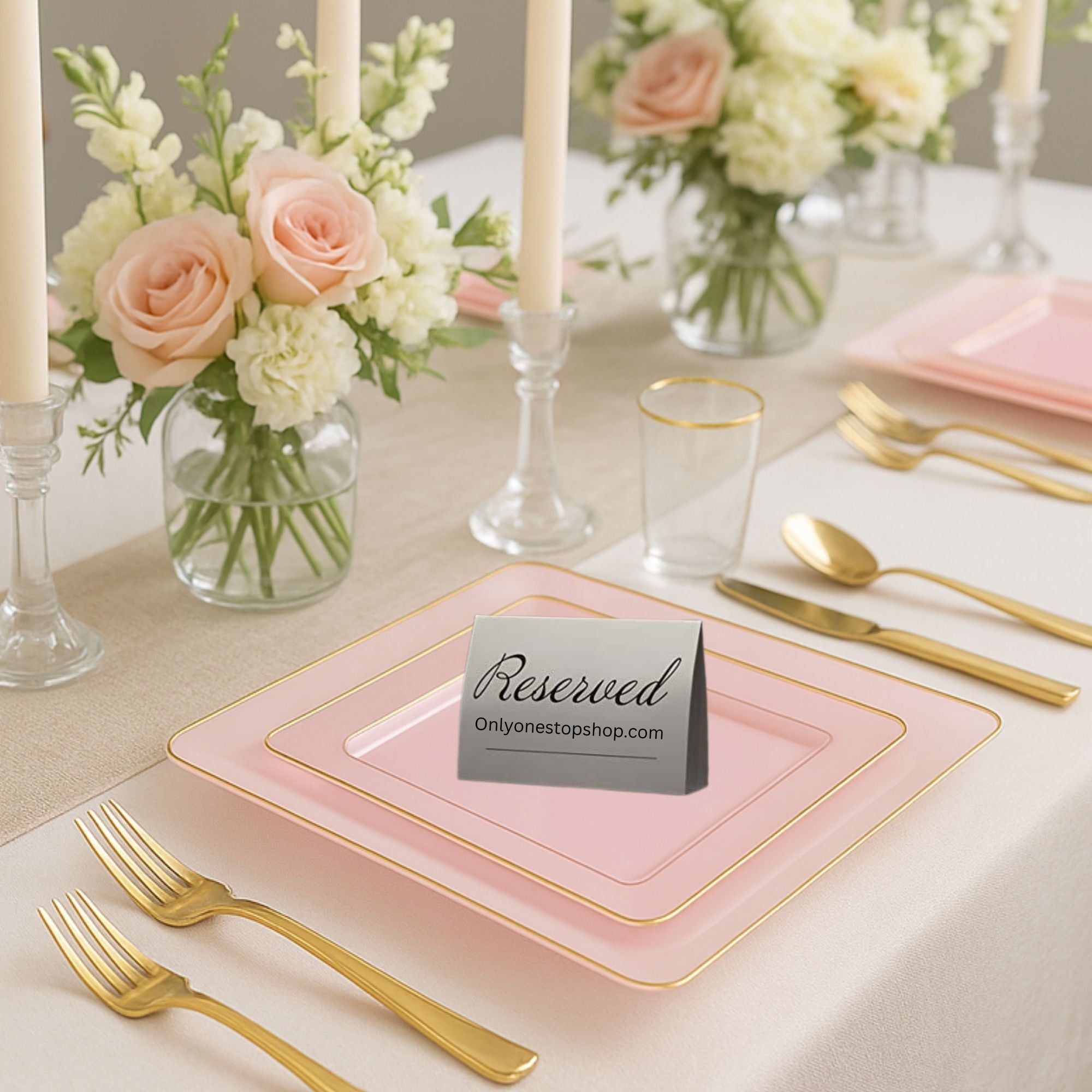 Edge 7.75" Transparent  Pink with Gold Rim Square Dessert Plastic Plates