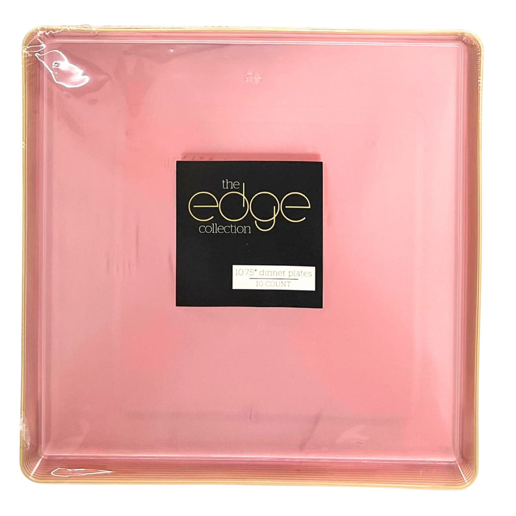 Edge 10.75" Transparent  Pink with Gold Rim Square Plastic Dinner Plates