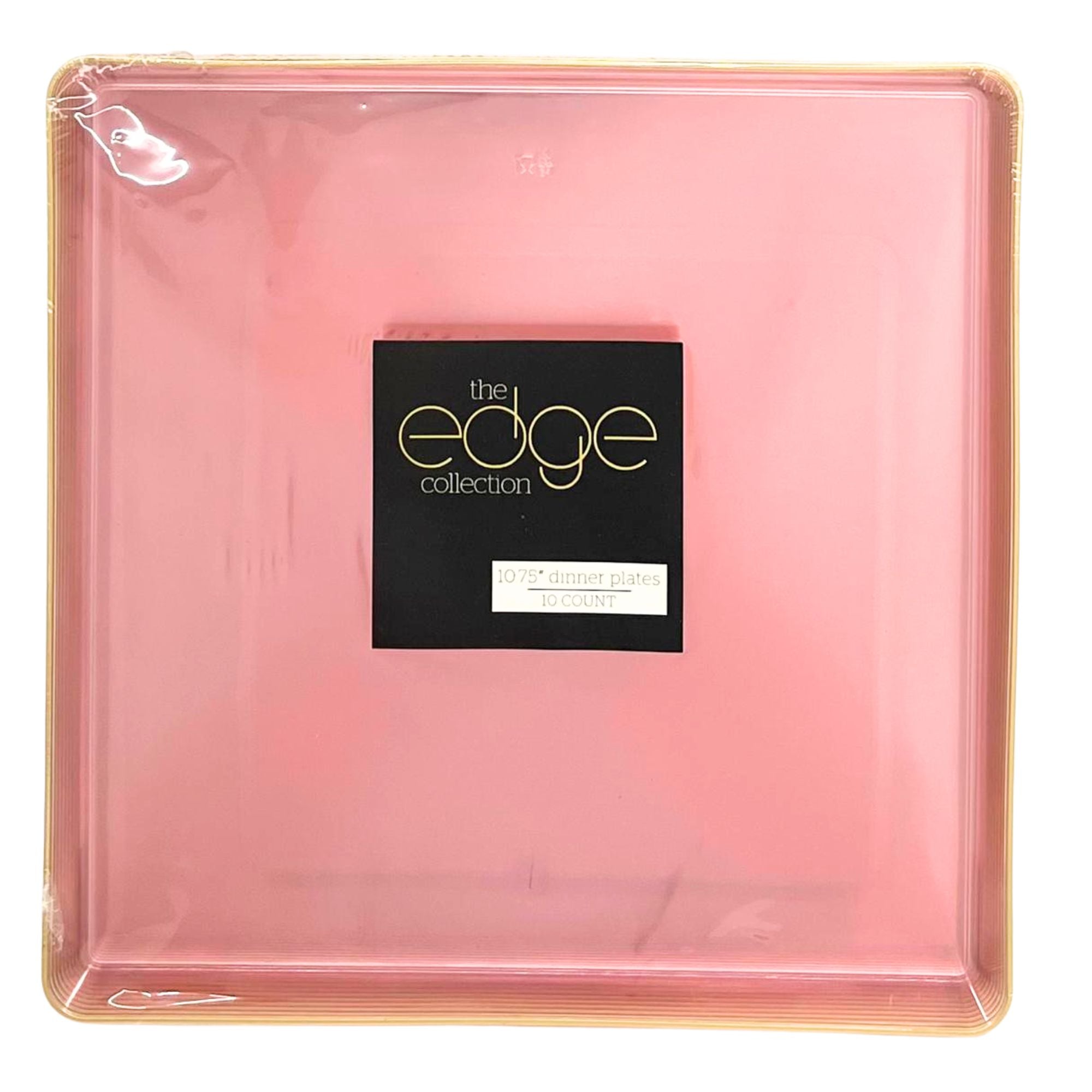 Edge 10.75" Transparent  Pink with Gold Rim Square Plastic Dinner Plates