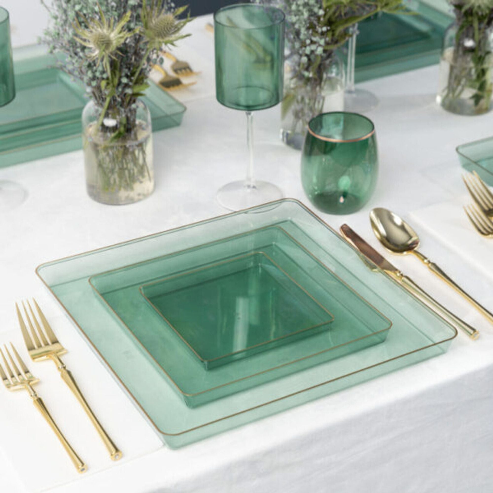 Edge 10.75" Transparent Green with Gold Rim Square Plastic Dinner Plates